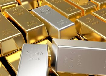 Business and finance background. Stacks of golden and silver bars